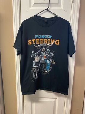 Gildan Black 'Power Steering' Bull Rider Motorcycle Tee